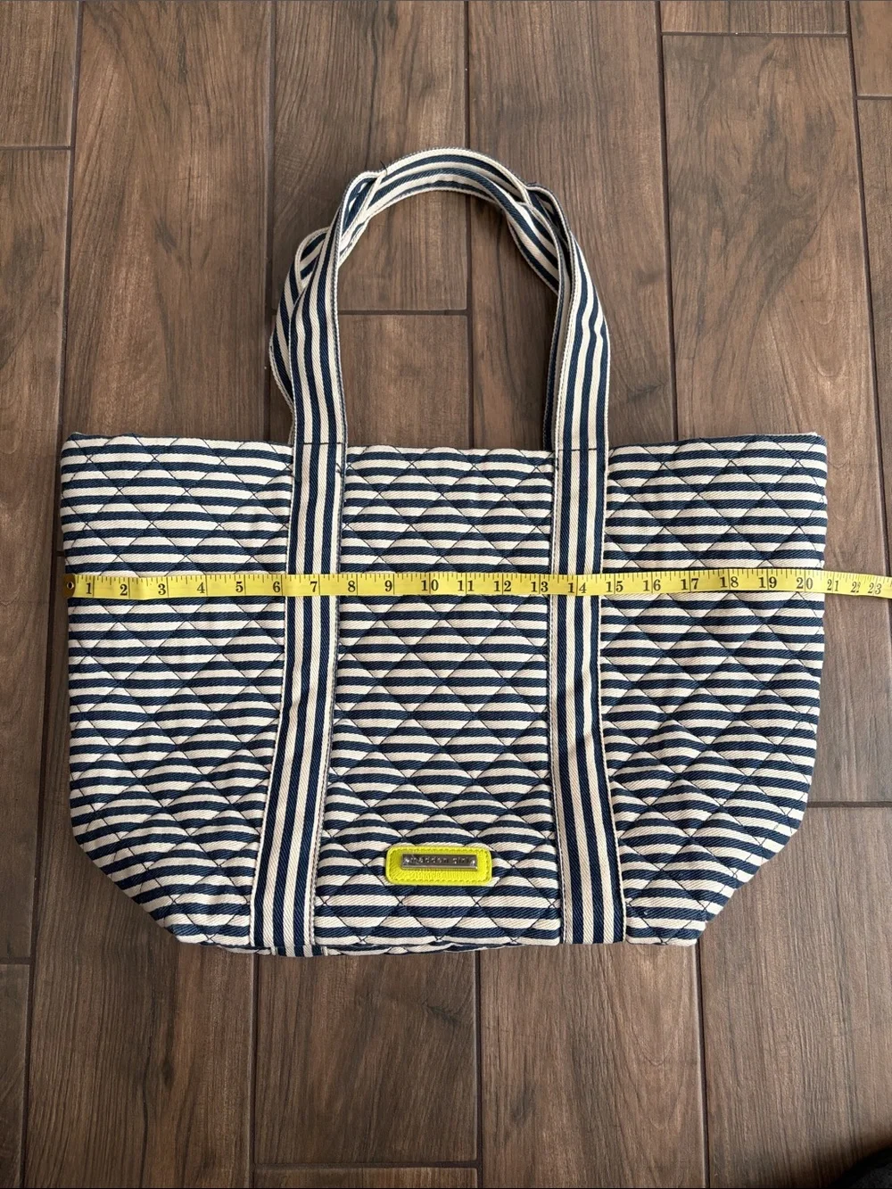 Madden Girl Navy and White Quilted Striped Tote with Bright Yellow Green Accent